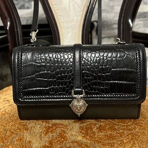 BRIGHTON  vintage Black LEATHER Trifold WALLET/ Clutch/ORGANIZER crossbody bag